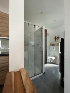 a bathroom with a glass shower and a toilet at Le Minamo Studio in Six-Fours-les-Plages