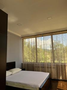 a bedroom with a bed and a large window at Guest House MIRA in Martvili