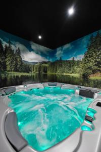 a jacuzzi tub with a painting on the wall at Tatra Nest Apartamenty in Biały Dunajec