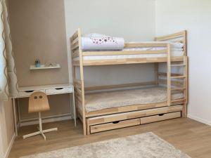 Cette chambre comprend deux lits superposés et un bureau. dans l'établissement Apartmán 696 Pod Ještědem, à Liberec