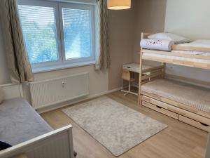 een slaapkamer met 2 stapelbedden en een raam bij Apartmán 696 Pod Ještědem in Liberec