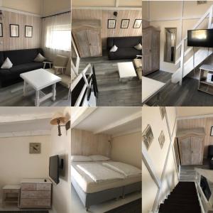 a collage of photos of a room with a bed and a living room at Villa Pod Orzechem w Zaniemyślu in Zaniemyśl