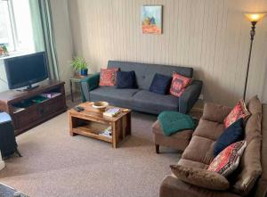 a living room with a couch and a tv at Stunning Cottage in Kilmun Argyll - sleeps 2 in Dunoon