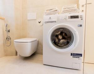 uma máquina de lavar roupa na casa de banho com WC em Il Castagno holiday home em Teriasca