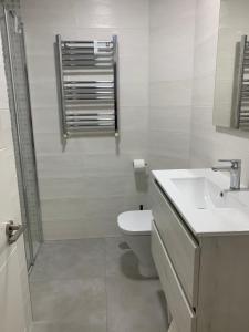 La salle de bains blanche est pourvue de toilettes et d'un lavabo. dans l'établissement Coqueto apartamento en Gijon, à Gijón