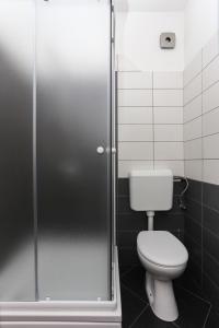 a bathroom with a toilet and a glass shower at Dubrovnik Summer Apartments in Dubrovnik +44 photos