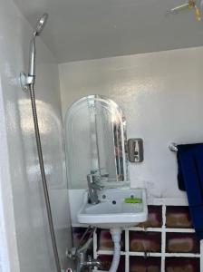 a bathroom with a sink and a shower with a mirror at Freedom Boat in Naj‘ al ‘Amrāb