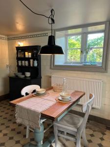 a kitchen with a table and chairs and a window at Historische Wohnung am Jenischpark in Hamburg