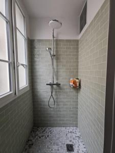 a shower in a bathroom with green tiles at Home sweet home in Paris