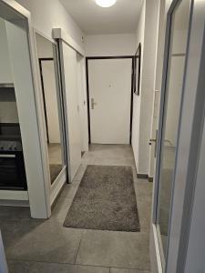 einen leeren Flur mit Tür und Teppich in der Unterkunft City Appartement 1 Hannover Altstadt in Hannover