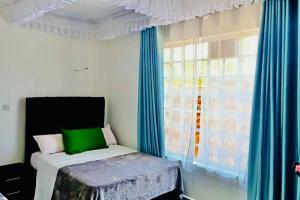 um quarto com uma cama e uma janela com cortinas azuis em R&B Retreat house in Rodi Kopany - Homabay County, Kenya, Africa em Marinde