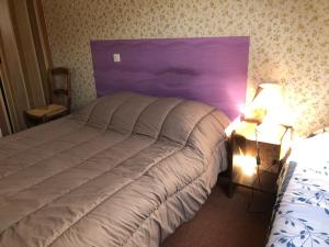 a bedroom with a large bed with a purple headboard at SUPER LIORAN LA MAISONETTE à 5 km de la station in Saint-Jacques-des-Blats