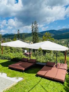 two beds under a white umbrella in the grass at Котедж Chalet Adriana in Bukovel