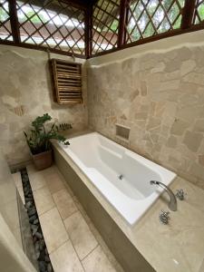 baño con bañera grande y ventana en Uva Blue Jungle Villas, en Puerto Viejo