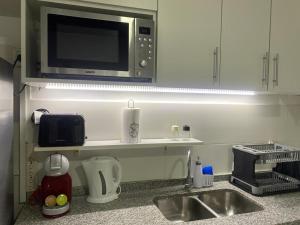 cocina con fregadero y microondas en DEPARTAMENTO VERA MUJICA 4 COHERA PROPIA INCLUIDA en Rosario