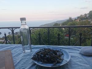 un plato de hojas verdes en una mesa con una botella en Guest House Pafili, en Zagora