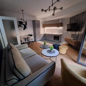 un soggiorno con divano e tavolo di RINES Apartment a Ohrid