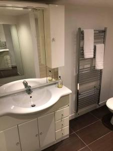 a bathroom with a sink and a mirror and a toilet at Private garden apartment with secure parking in Southport