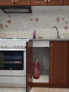 cocina con fogones y extintor de incendios en Sunchaser Apartments, en Igoumenitsa