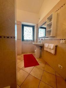 uma casa de banho com um lavatório e um chuveiro com um tapete vermelho em Incantevole attico con grande terrazza em Anzio