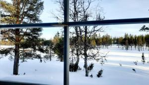 uma vista de um campo coberto de neve a partir de uma janela em Apartment Urupaa em Saariselka