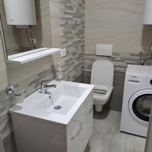 a bathroom with a sink and a washing machine at RINES Apartment in Ohrid