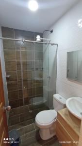 a bathroom with a shower and a toilet and a sink at Finca Villa Maru in El Peñol