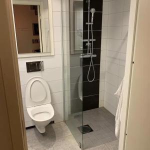 La salle de bains est pourvue d'une douche et de toilettes. dans l'établissement Cozy Caravan With House Access!, à Luleå