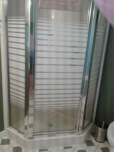 a shower with a glass door in a bathroom at Grumpy's Suite by the Lake in Summerland