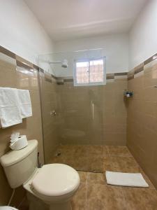 a bathroom with a toilet and a glass shower at Apartamentos LC cerca de la playa in La Romana