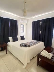 a bedroom with a large white bed with blue curtains at Apartamentos LC cerca de la playa in La Romana