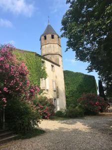 un bâtiment recouvert de lierre avec une tour en haut dans l'établissement Château sur le Canal du midi proche de Carcassonne, à Trèbes