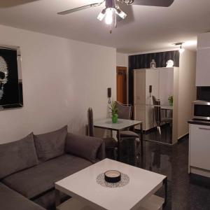 a living room with a couch and a table at Apartment, Messe 5 min., City 3 min., wifi in Nuremberg