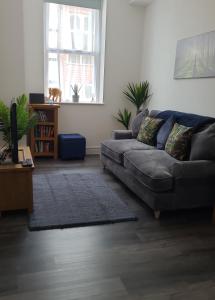 uma sala de estar com um sofá e um gato na janela em Contemporary 1 Bed Apartment, In Central Buxton em Buxton