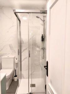 y baño con ducha de cristal y aseo. en Ubicación Inmejorable Nuevo Céntrico 3Hab, en Oviedo