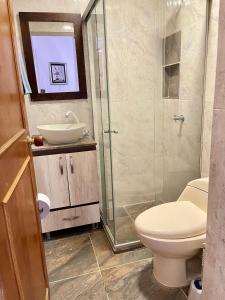 Un baño con inodoro, lavabo y ducha. en Hermoso apartamento en zona central de Medellín, en Medellín
