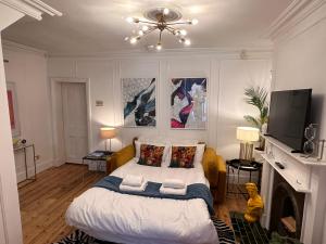 una camera con un grande letto e una TV di The Flamingo a Londra