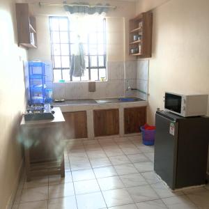 uma cozinha com um lavatório, um frigorífico e uma janela em Milly's homes em Kakamega