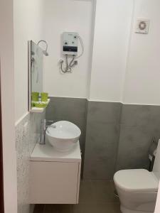 uma casa de banho com um lavatório branco e um WC. em Lazareto Oceanview em Mindelo
