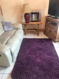 een woonkamer met een witte bank en een paars tapijt bij Ann & Andy in Kilkee