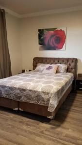 1 dormitorio con 1 cama con una flor en la pared en Apartamento com 3 quartos! 7 camas no Centro en Lages