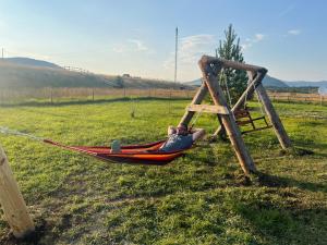 eine Person, die in einer Hängematte auf einem Feld liegt in der Unterkunft Planinska kuca in Žabljak