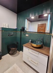a bathroom with a sink and a toilet and a mirror at Apartmán U Labe in Nymburk