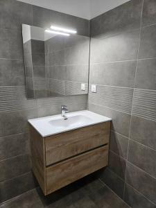 ein Bad mit einem Waschbecken und einem Spiegel in der Unterkunft Appartement neuf, rez-de-jardin in Lucciana