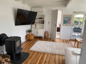 uma sala de estar com um fogão e uma televisão em Skønneste hus em Dannemare