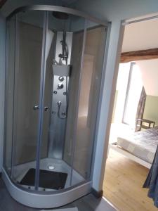 a shower with a glass door in a room at Gîte mon p'ti bout in Les Roches-lʼÉvêque