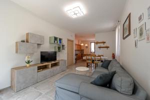 un soggiorno con divano grigio e TV di CASA REFENERO a Torrita di Siena