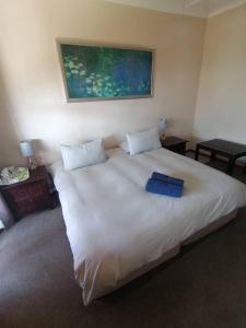 Redberry Guest House في مبابان: سرير ابيض كبير عليه وسادة زرقاء