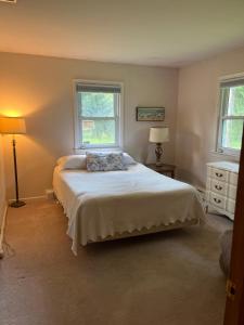 ein Schlafzimmer mit einem großen Bett und zwei Fenstern in der Unterkunft Private House in Somerset/New Brunswick Central Jersey 
