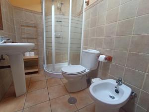 La salle de bains est pourvue de toilettes, d'une douche et d'un lavabo. dans l'établissement VIVIENDAS RURALES LAS CALDERAS, à Santillana del Mar